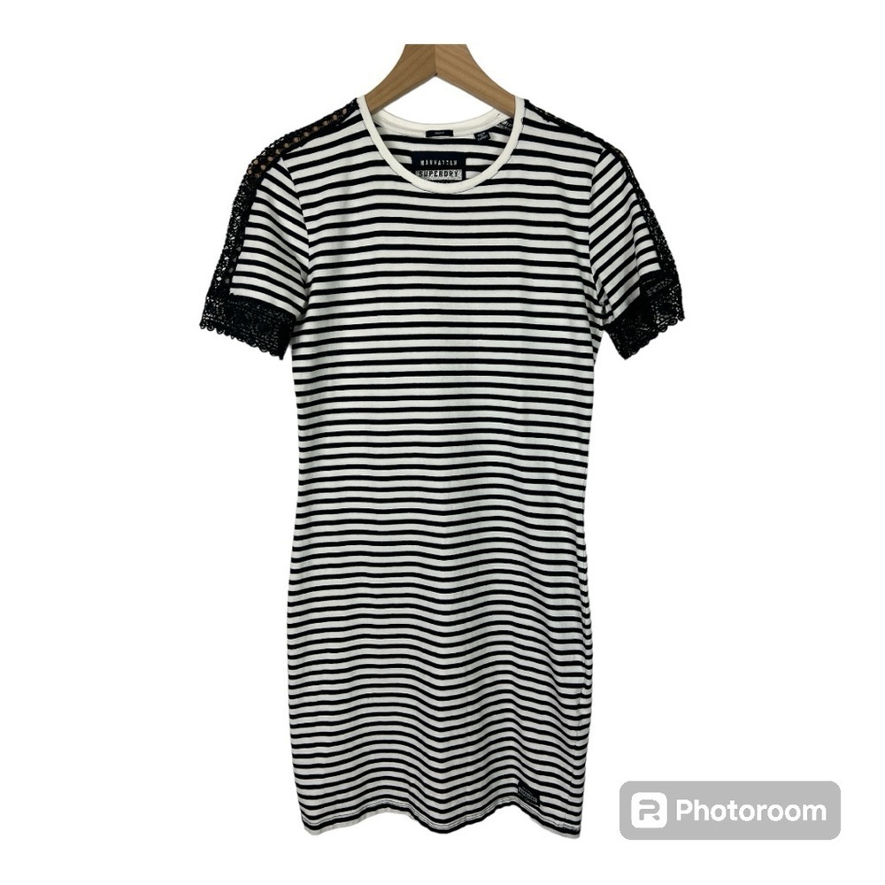 SuperDry Jersey Cotton Navy Stripe Dress Lace Sleeve Accent Sz 8 US